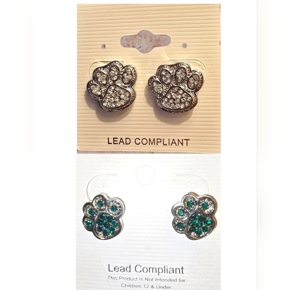 Paw Print Crystal Stud Earrings Bundle Set of 2 NWT Emerald Green & White Stones